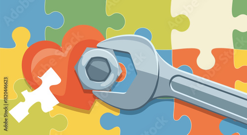 Wrench tightening a nut on a heart shaped puzzle piece symbolizing relationship repair and emotional connection