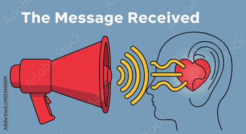 Red megaphone broadcasting a message that is received and understood by a person s heart and mind