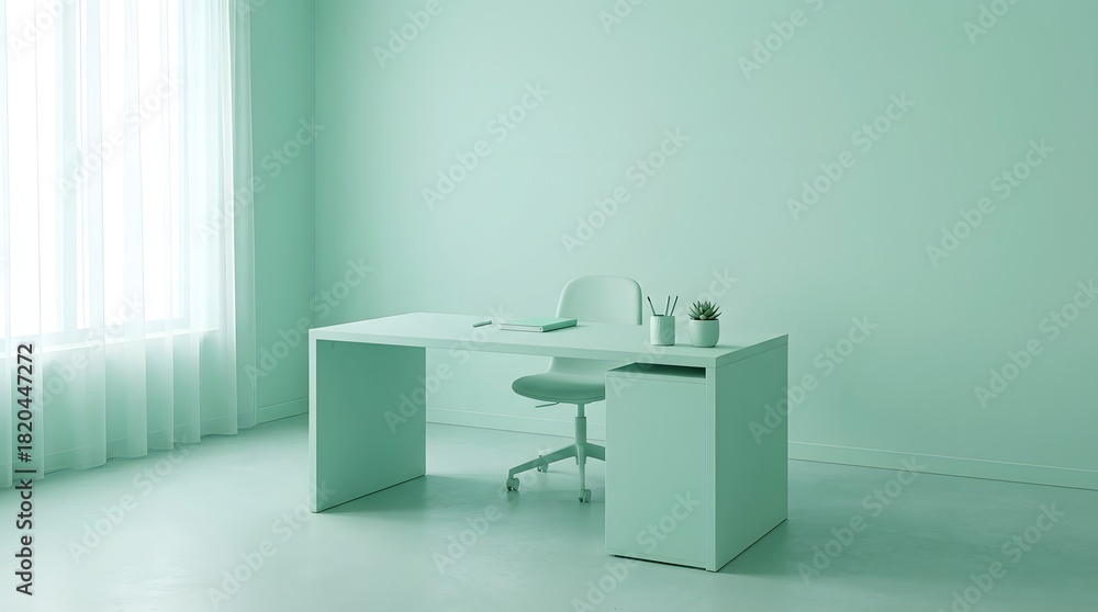 Fototapeta premium Minimalist office interior with teal color scheme and modern furniture