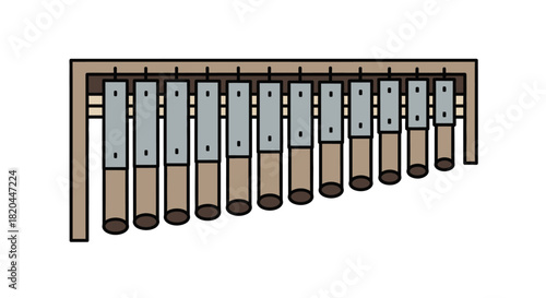 Illustration of a wooden xylophone with metal bars, arranged in a descending scale.