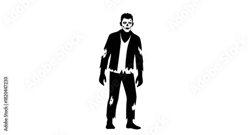 Silhouette of a devilish figure with horns and clawed hands, adorned with flame-like patterns.