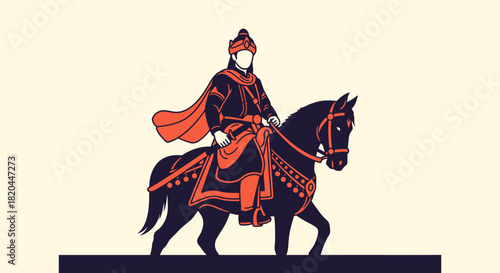 An illustration depicting a rider on horseback, adorned in regal attire.