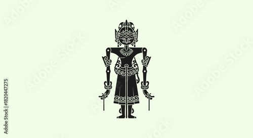 Intricate black and white illustration of a traditional puppet figure with detailed headdress and ornate clothing.