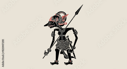 Wayang Kulit shadow puppet figure, holding a spear, in traditional Indonesian art style on a light background.