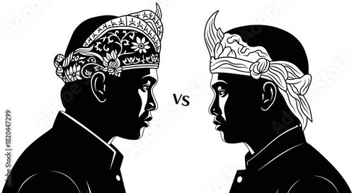 Two men facing each other, wearing traditional headwear, with "VS" in the center.