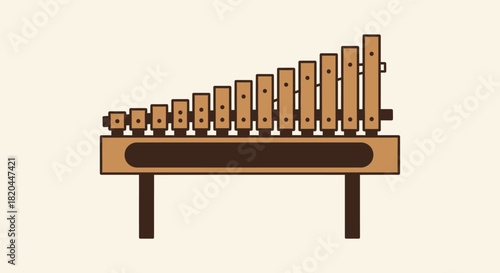 Illustration of a wooden xylophone with varying sized bars arranged in ascending order on a stand.