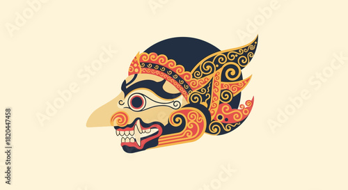 A stylized illustration of a traditional Indonesian shadow puppet character.