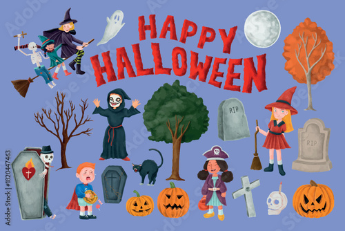 Happy Halloween, festive collage element set vector