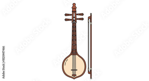 A detailed illustration of a traditional stringed musical instrument and bow.