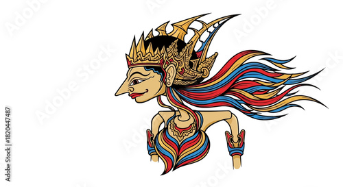 Illustration of a traditional Indonesian Wayang character with a crown, long nose, and colorful hair.