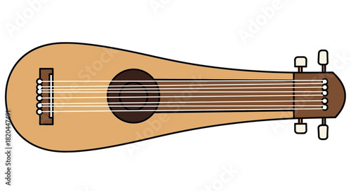 Illustration of a tan-colored stringed instrument with a sound hole, bridge, and tuning pegs, lying horizontally.