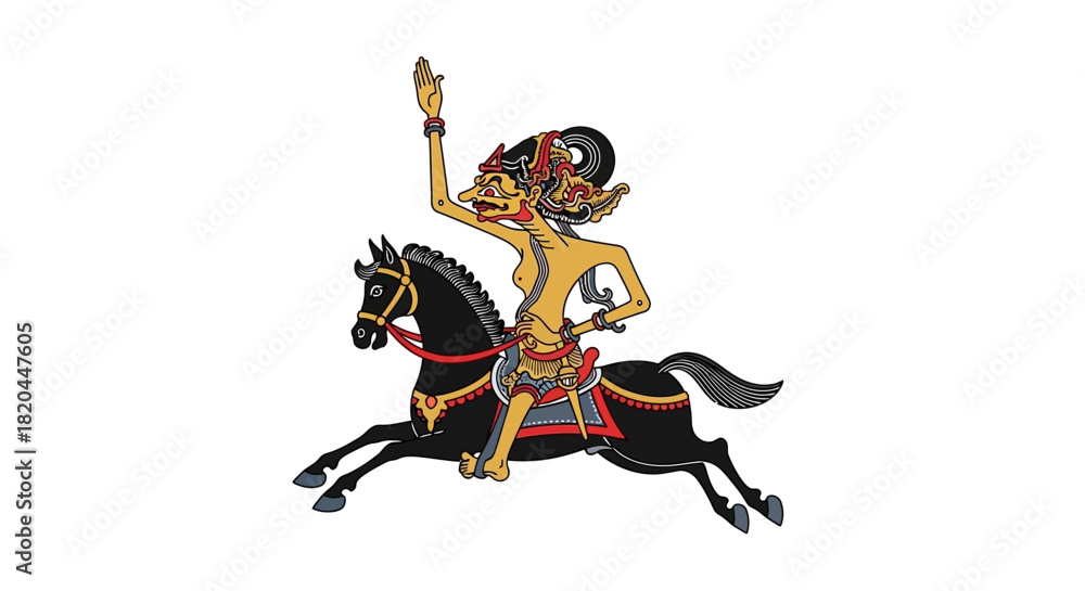 Fototapeta premium A stylized illustration depicts a figure riding a horse with an arm raised.