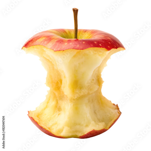 Bitten apple core with stem on black background