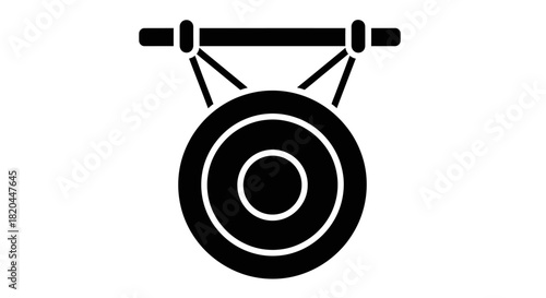 A black and white graphic of a gong suspended from a bar with ropes.