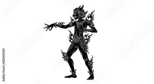 Silhouette of a mythical Thai character in a dynamic pose, adorned with flame-like details.