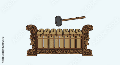 Illustration of a gamelan instrument with a mallet poised to strike, set against a light blue background.