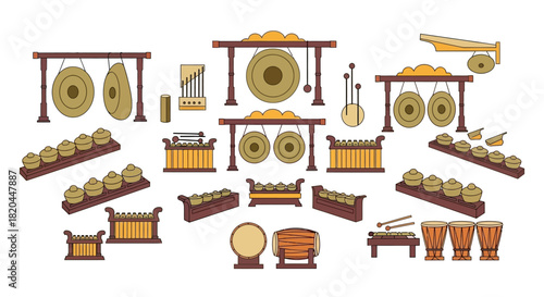 A collection of various traditional Indonesian musical instruments, clearly illustrated.