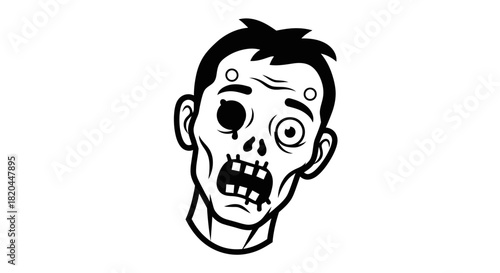 A black and white illustration of a zombie head, showing a decayed face.