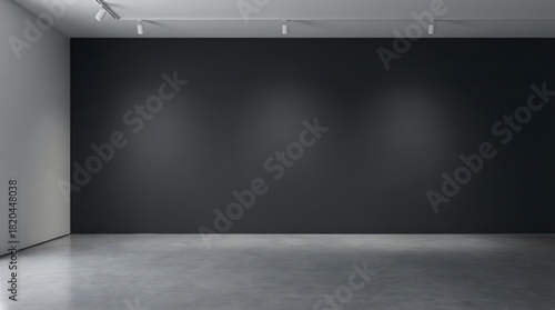 Empty modern gallery space with grey walls and dramatic lighting