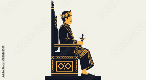 A stylized illustration depicting a king seated on a decorated throne, holding a sword.