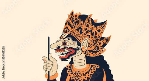 A stylized illustration of a traditional Indonesian shadow puppet character, holding a stick.