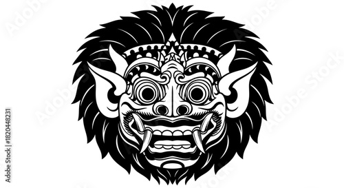 A stylized black and white illustration of a traditional Balinese Barong mask.