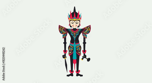 Two Wayang Kulit shadow puppets facing each other, showcasing intricate details and traditional Indonesian art.