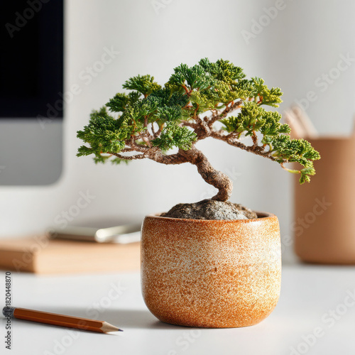 Miniature bonsai tree in ceramic pot on desk with pencil