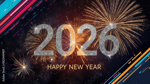 2026 Happy new year celebration greeting card, Banner, Poster, post Design sparkler font and firework isolated background