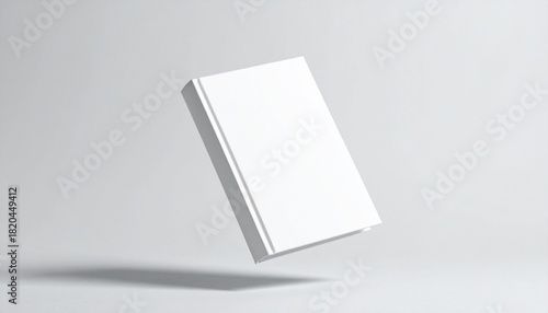 Blank white book cover mockup floating in mid-air against a seamless light gray background, perfect for design and branding presentations