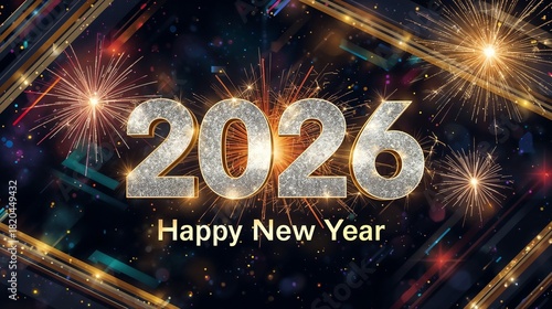 2026 Happy new year celebration greeting card, Banner, Poster, post Design sparkler font and firework isolated background