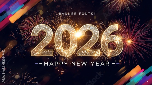 2026 Happy new year celebration greeting card, Banner, Poster, post Design sparkler font and firework isolated background