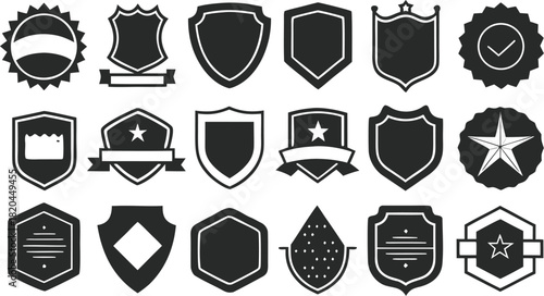 Twenty black badges and shields with decorative elements on white background emblem