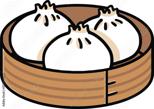 Asian Cuisine Icon: Three Buns in Basket, Hot Dumplings or Baozi on White Background