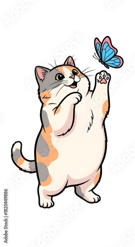 Playful Cat Reaching for Colorful Butterfly in Cute Illustration