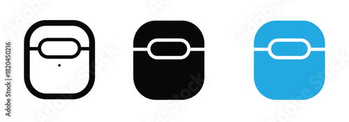 Wireless earbuds in black and white and blue color schemes. Minimalist wireless earbuds charging case icon Vector.
