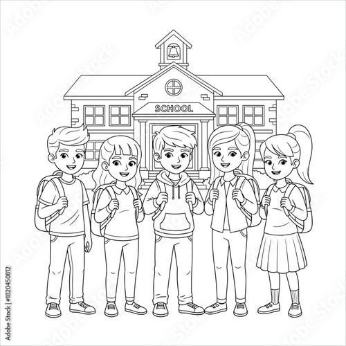 Outline illustration of school kids smiling, ready for class outside a traditional school building.