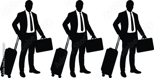 Business traveler silhouettes, corporate man with suitcase, professional luggage carrying poses, businessman icons, travel industry illustration, vector commuter figures