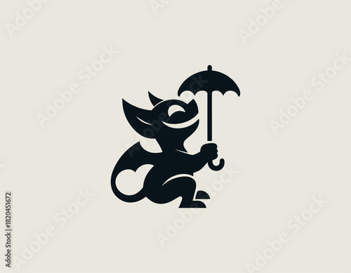 Quirky black silhouette of a confused cartoon gargoyle character gently holding a small umbrella against a light textured background