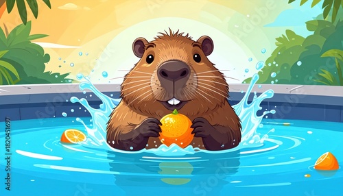 Cute capybara enjoying a citrus treat in a pool