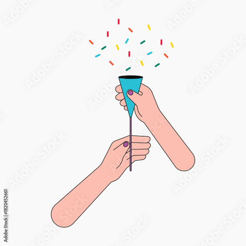 Hand pulling party popper string, flat collage element vector