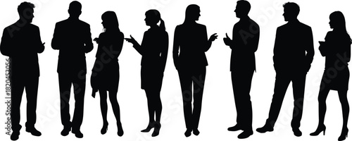 Silhouettes of diverse business professionals standing and conversing, teamwork communication concept, corporate group interaction, leadership collaboration, professional workplace environment