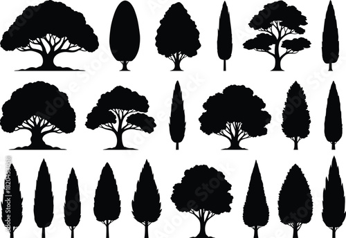 Diverse set of nineteen vector tree silhouettes including oaks, cypresses, and conifers, illustrating 