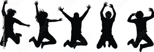 Jumping people silhouettes, energetic group pose, joyful human figures, active celebration scene, dynamic motion illustration, expressive jumping artwork design