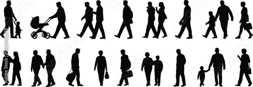 Silhouettes of diverse people walking in urban surroundings, families, couples, and individuals moving outdoors, city lifestyle illustration for design projects