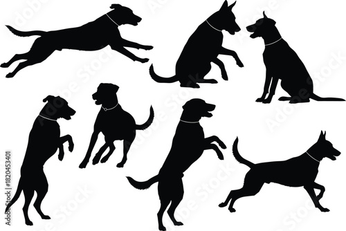 Silhouette dogs in various active poses, running, jumping, sitting, playful canine actions, pet behavior illustration, energetic dog movement collection