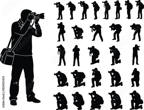 Silhouette photographer collection with various shooting poses, camera man actions, professional photography figure set, creative vector design illustration bundle
