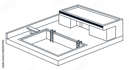 Isometric swimming pool illustration with ladder and diving board