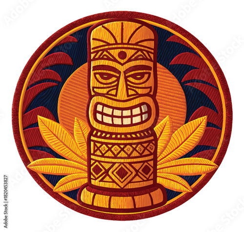 Embroidered Tiki idol patch, vibrant colors and tribal design elements evoke a sense of tropical adventure and cultural mystique perfect for travel or design