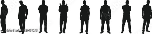 Silhouettes of men standing in multiple casual poses, expressing gestures and body language, isolated male figures for design, illustration, and creative projects